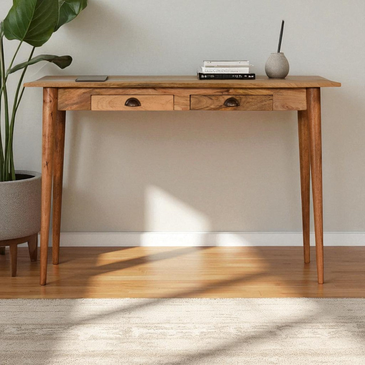 Wide 2 Drawer Solid Mango Wood Writing Desk with Cable Management