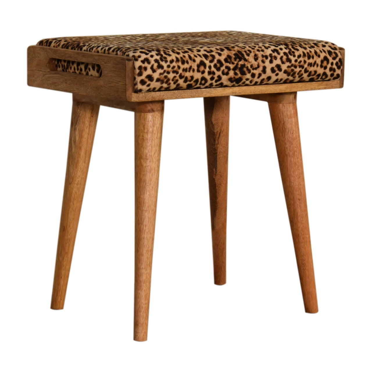 Leopard Print Velvet Tray Top Footstool Solid Mango Wood Legs