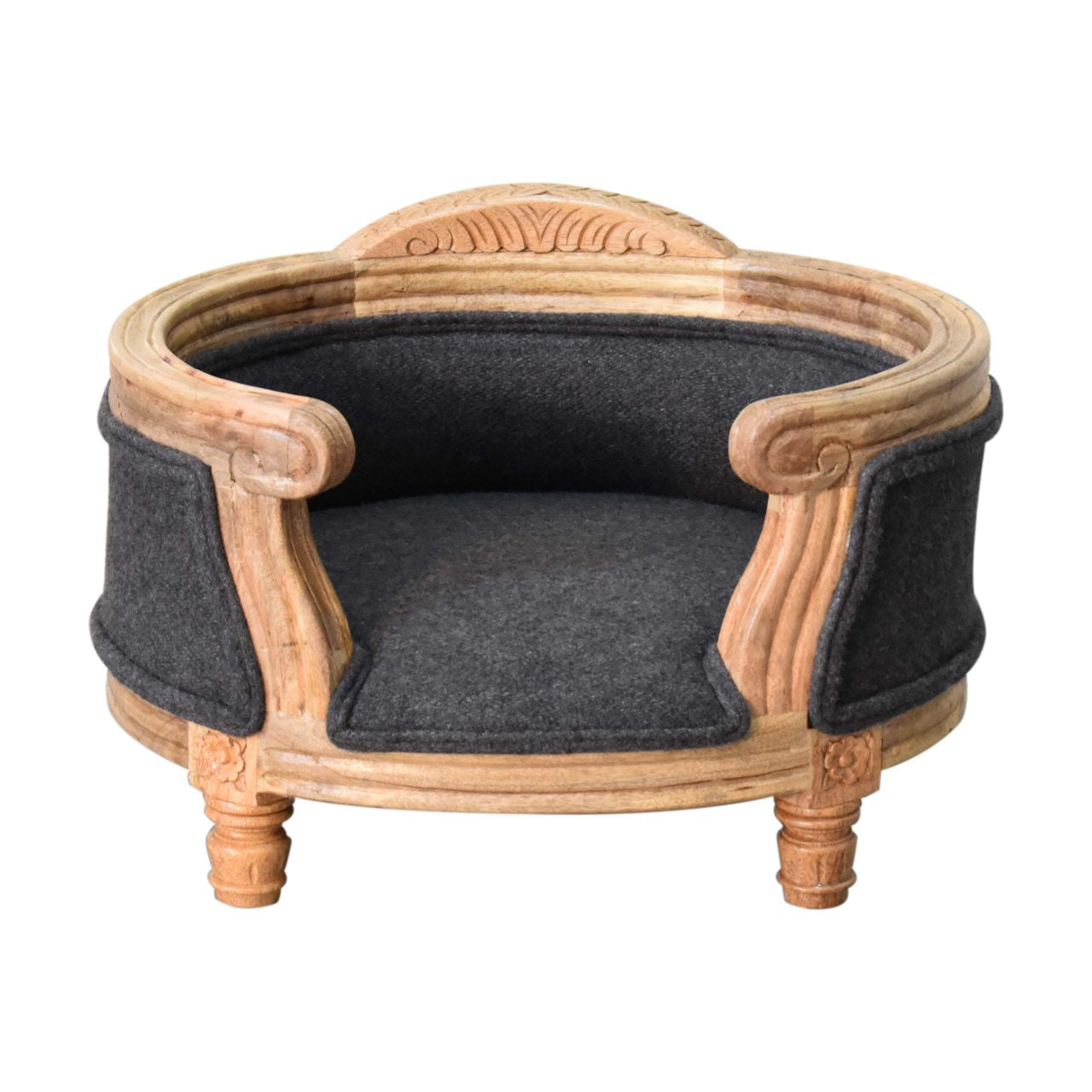 Hand Carved Mango Wood Tweed Upholstered Battleship Pet Bed