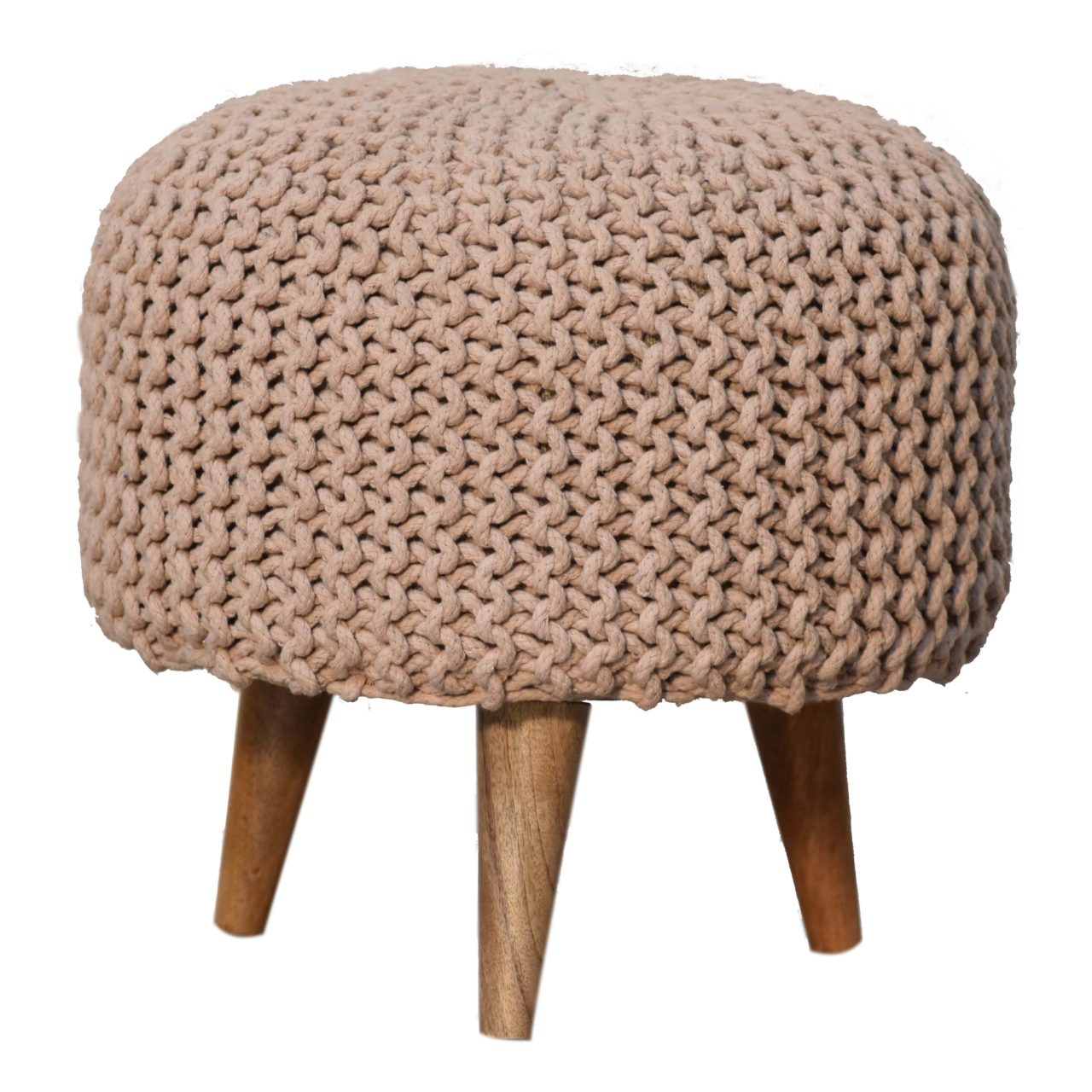 Keeva Beige Round Upholstered Footstool Solid Wood Legs