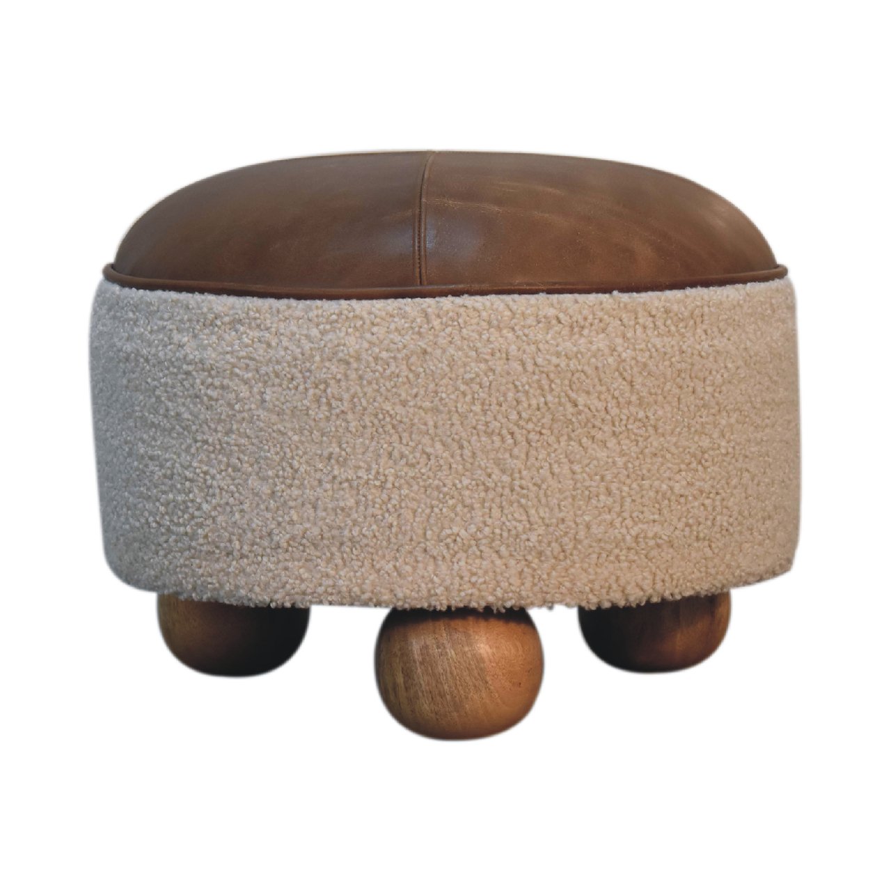 Cream Boucle Square Ottoman Buffalo Leather Trim Frame