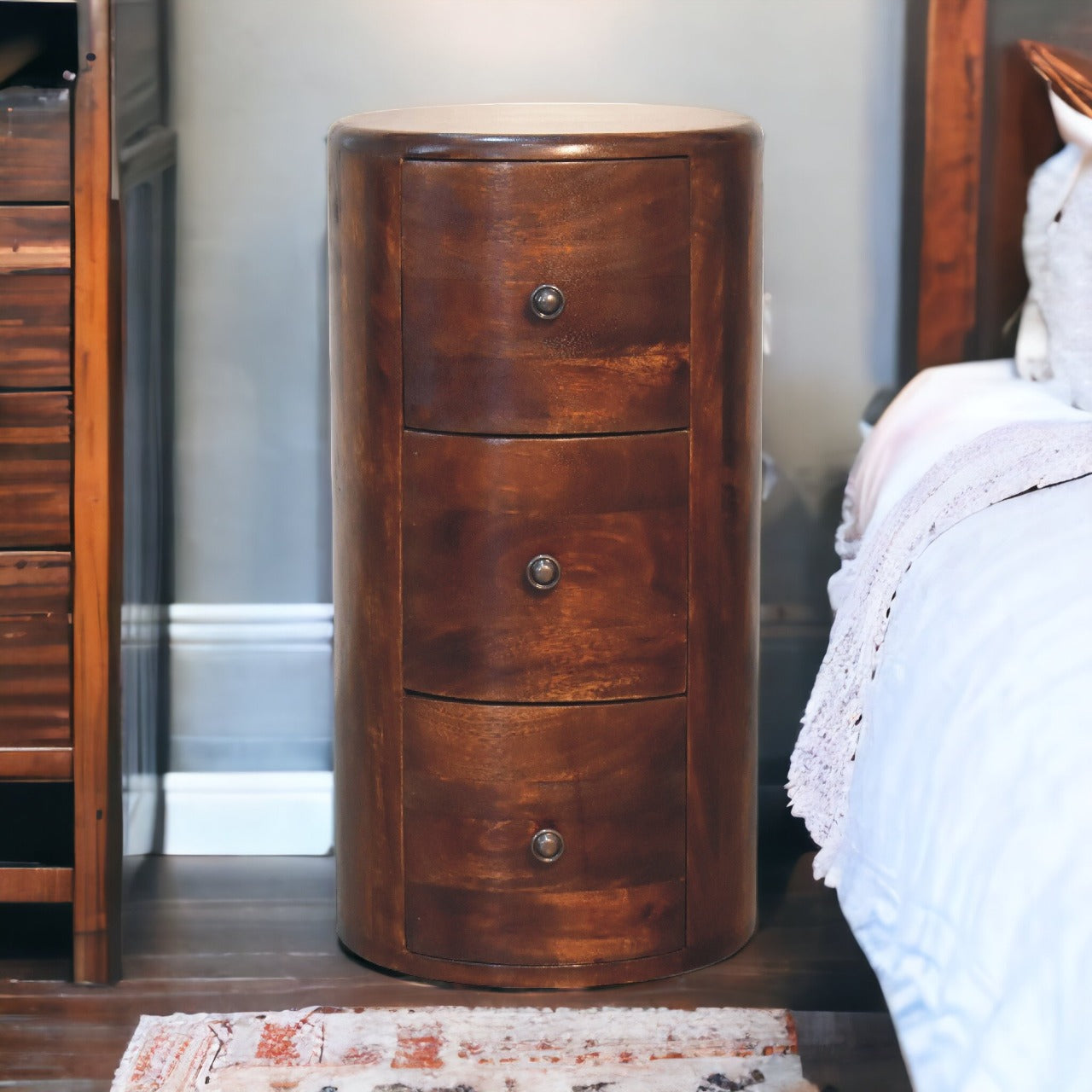 Compact Drum Chest Solid Mango Wood Chestnut Bedroom Storage