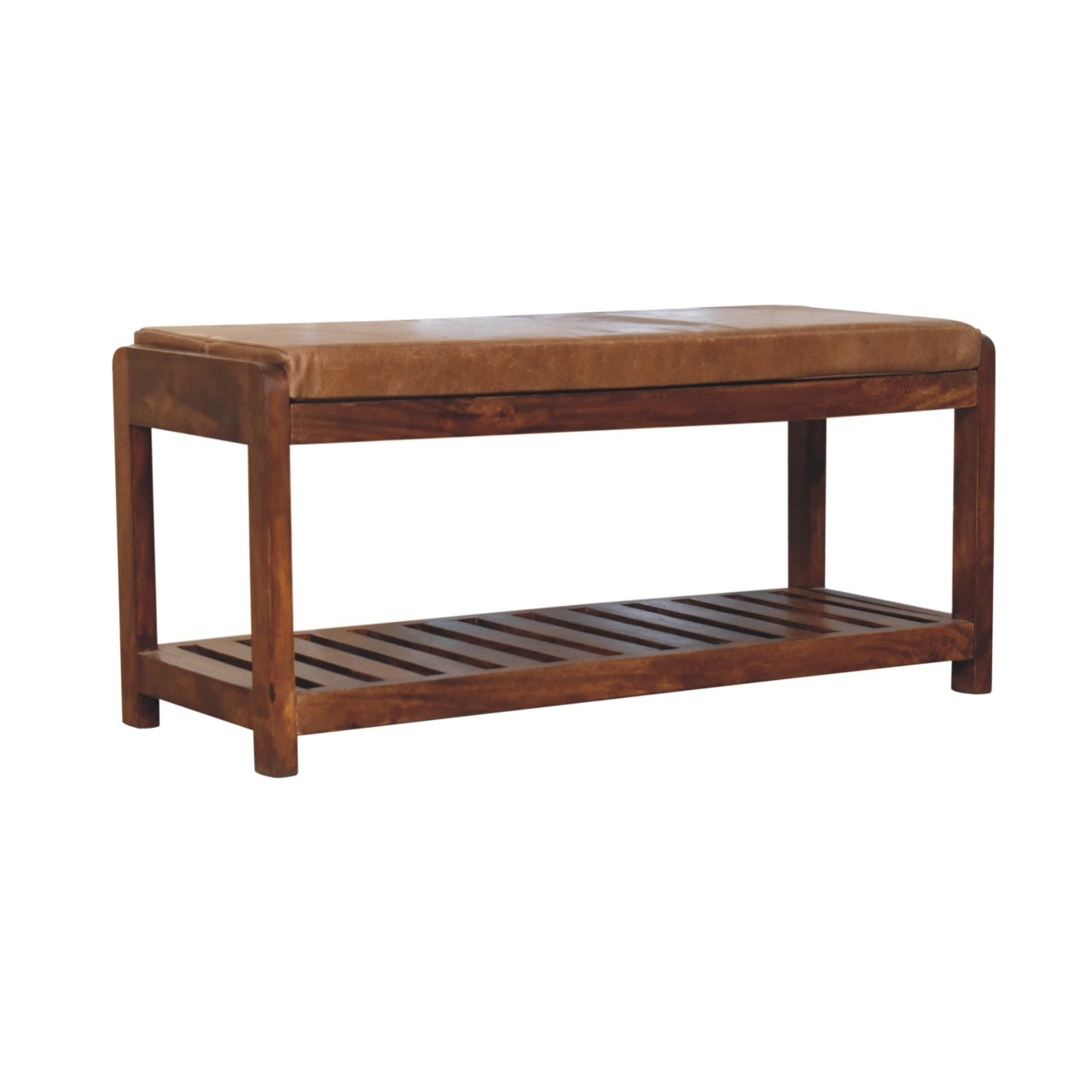 Solid Buffalo Hide Slatted Hallway Bench with Storage Frame