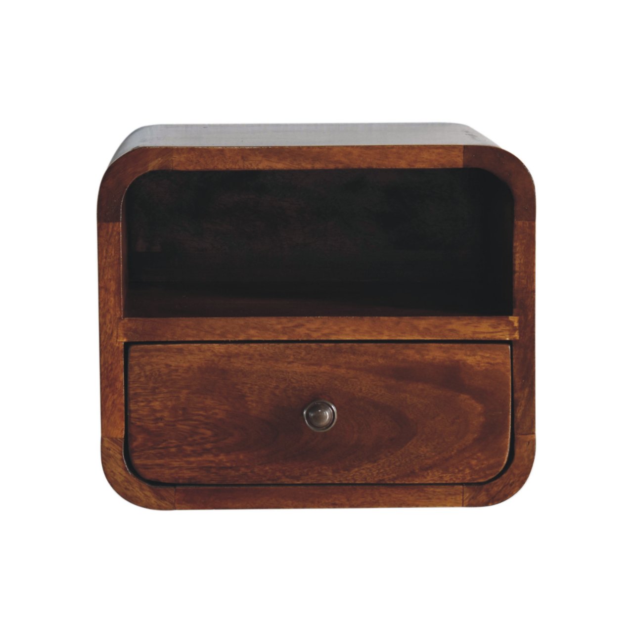 Extra Compact Wall Mounted Curved Chestnut Bedside Open Shelf