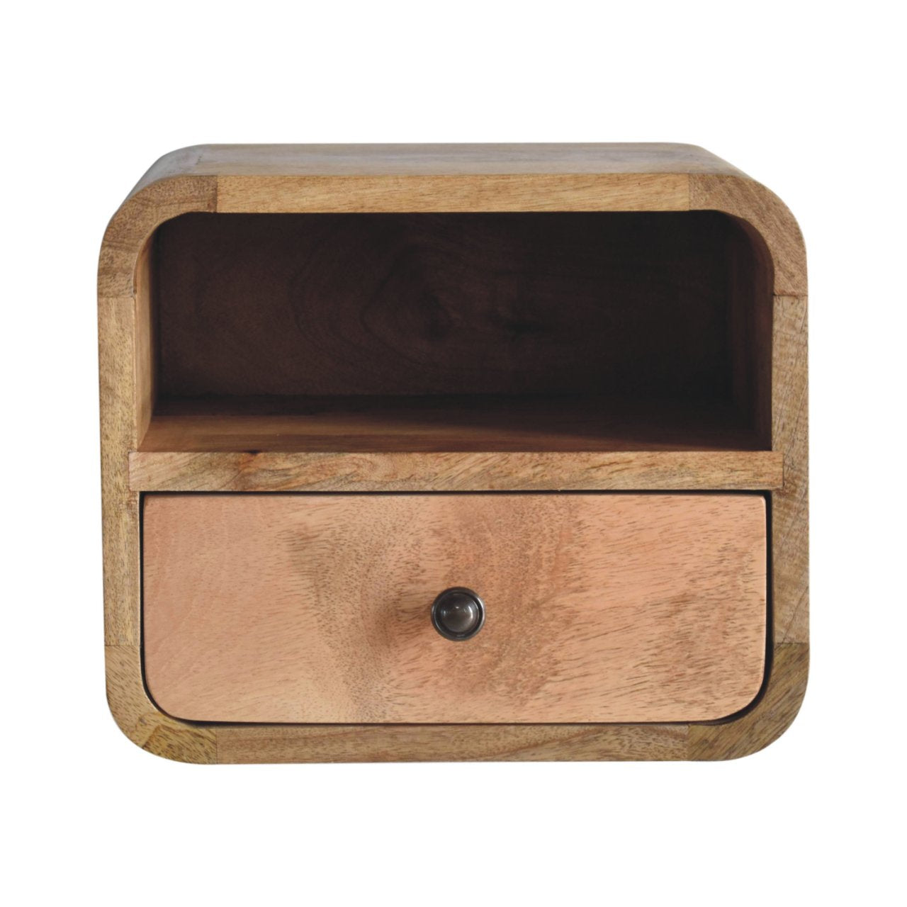 Extra Compact Wall Mounted Curved Oak Bedside Open Shelf