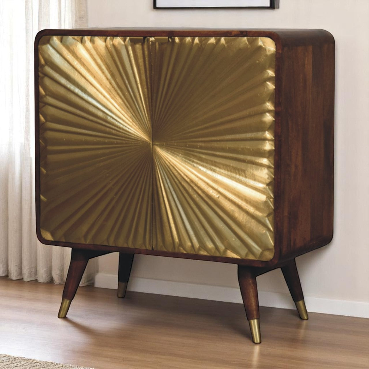 Brass Embossed 2 Door Storage Cabinet Chestnut Solid Mango Wood