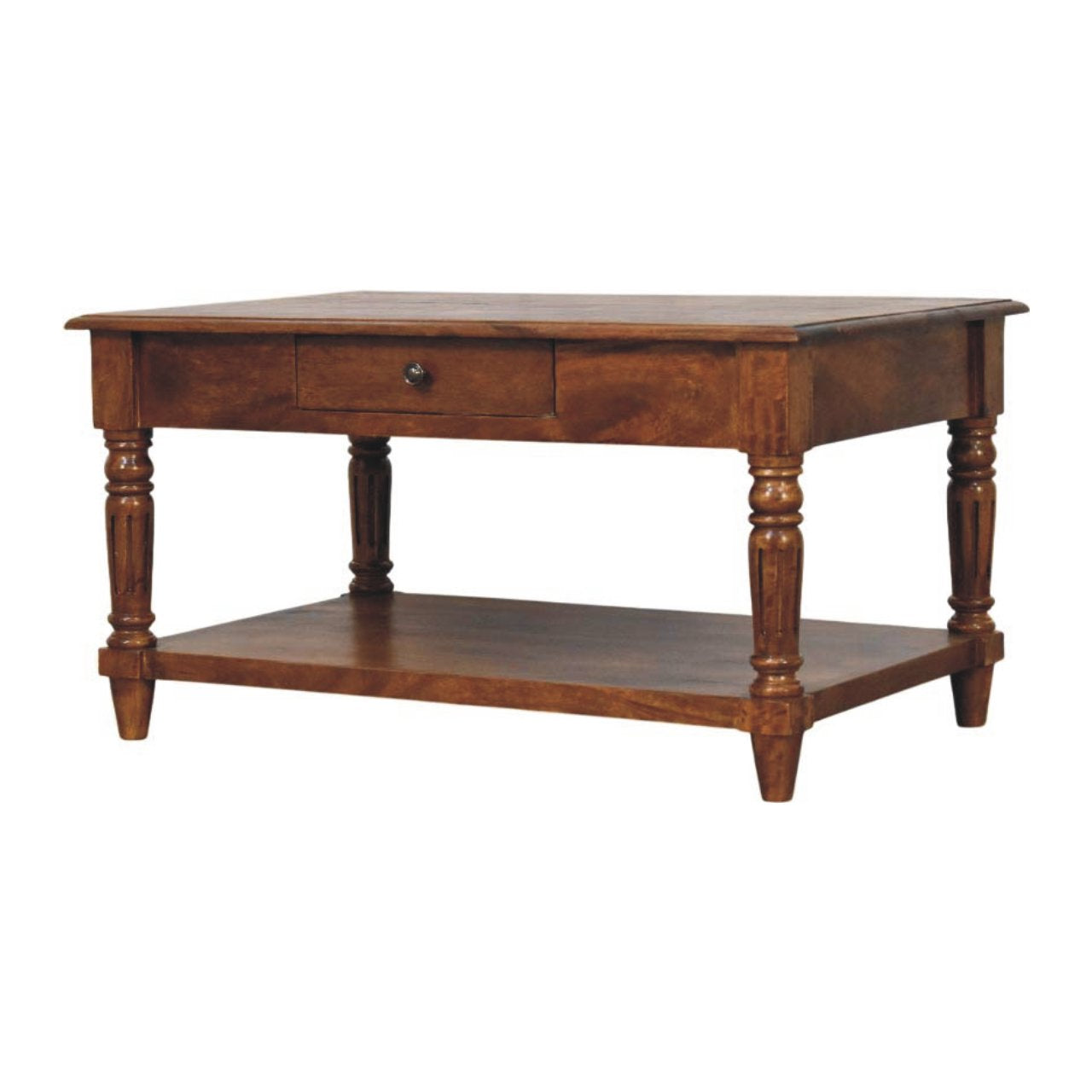 Turned Leg 2 Drawer Solid Mango Wood Coffee Table Chestnut