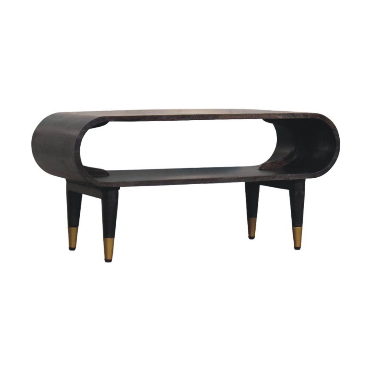 Curved Edge TV Media Unit Brass Handle Accents Solid Mango Wood