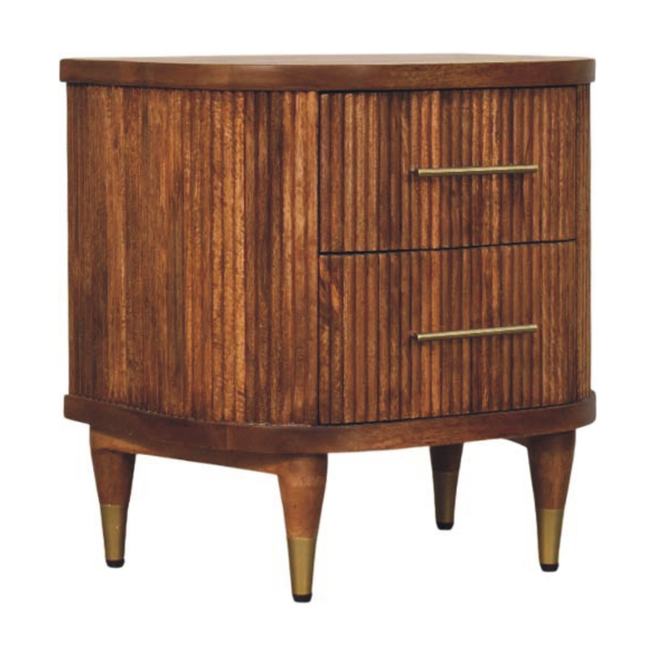 Ribbed Solid Mango Wood Bedside Table with Brass Handle Accents
