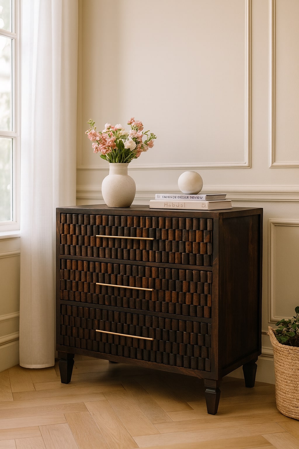Cadiz Hand Carved Fabric Front 3 Drawer Chest Solid Wood Natural