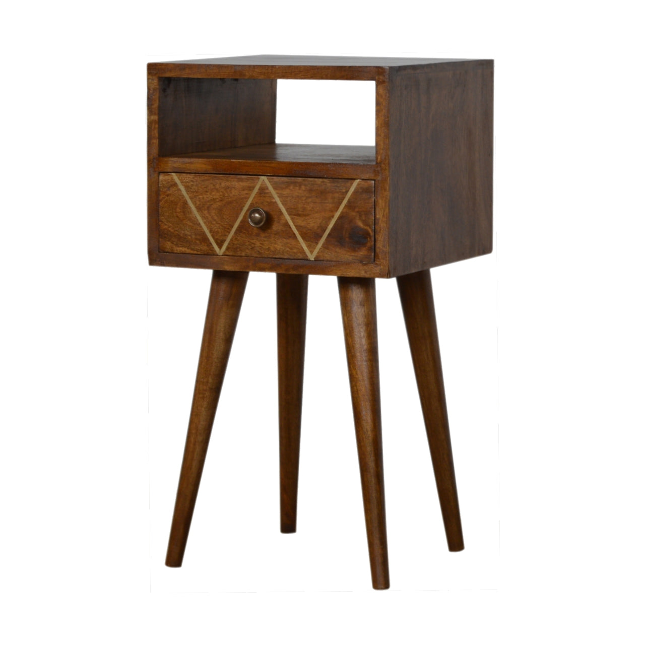 Compact Geo Brass Accent Solid Mango Wood Bedside Natural