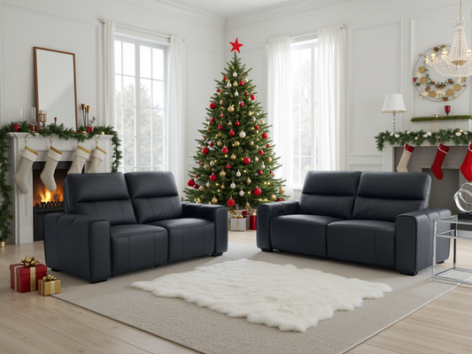 Bellagio Genuine Leather Electric Recliner Sofa Black 3+2 Set