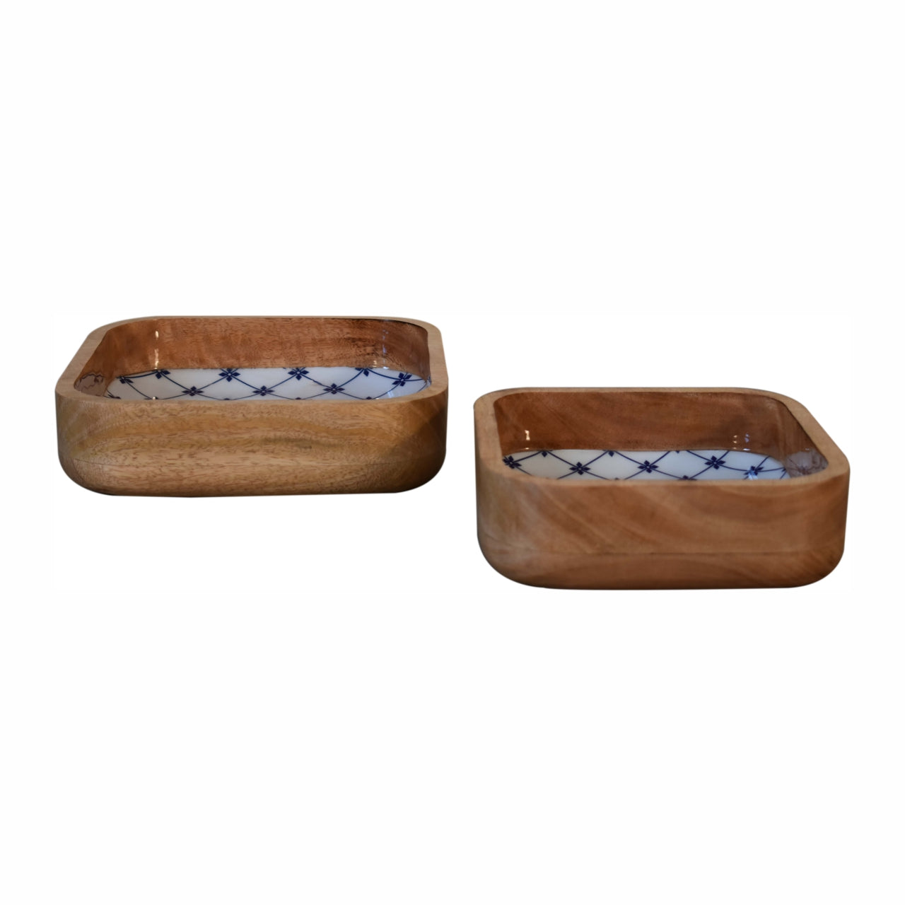 Hand Painted Blue and White Square Wooden Bowl Set of 2