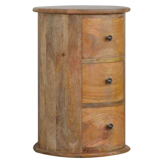 Solid Mango Wood Drum Shaped 3 Drawer Chest Natural Oak