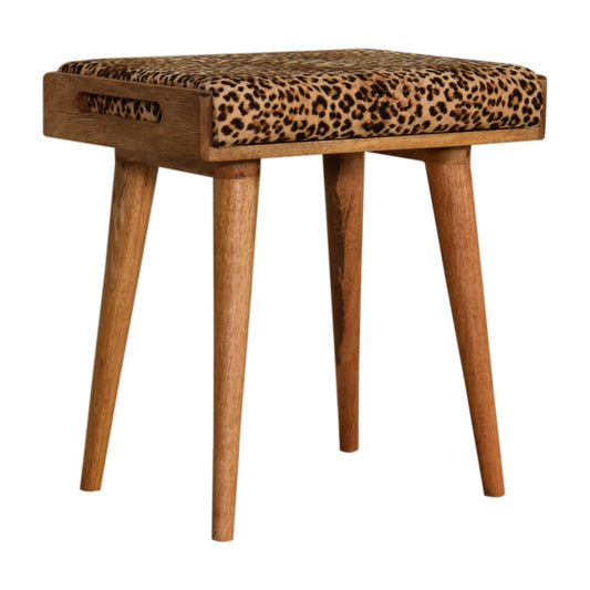 Leopard Print Velvet Tray Top Footstool Solid Mango Wood Legs