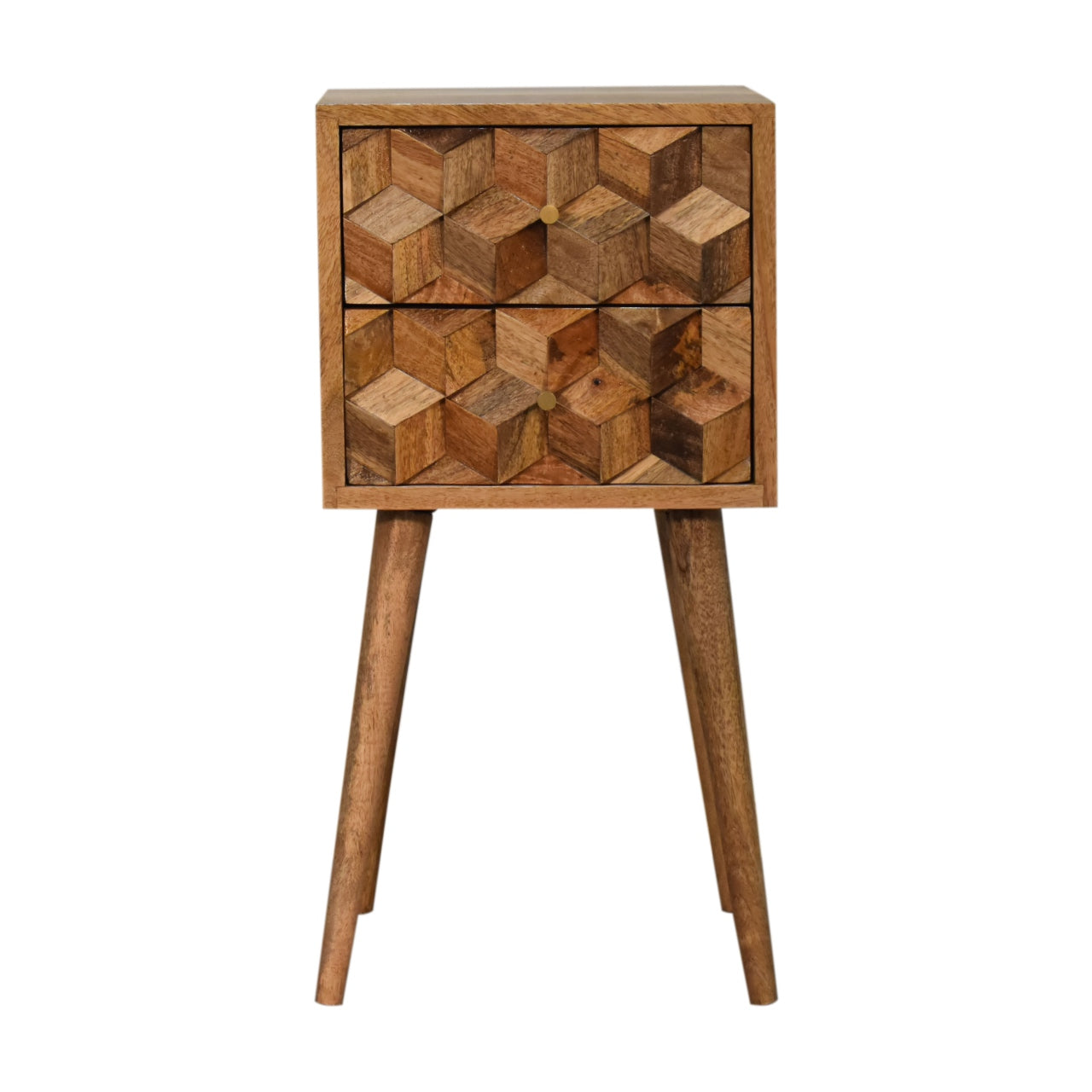 Compact Carved Cube 2 Drawer Solid Mango Wood Bedside Cabinet