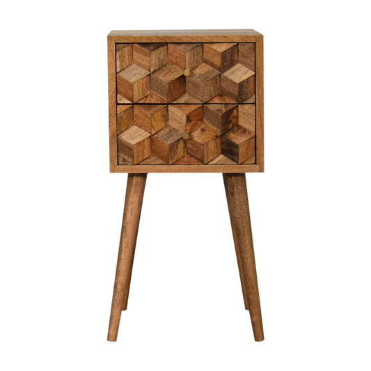 Compact Carved Cube 2 Drawer Solid Mango Wood Bedside Cabinet