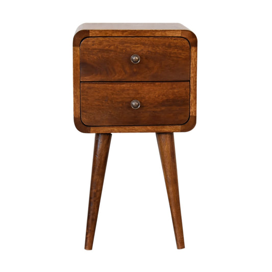 Compact Curved Solid Mango Wood Bedside Table Chestnut