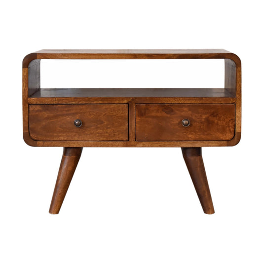 Compact Curved 2 Drawer Chestnut Solid Mango Wood TV Unit