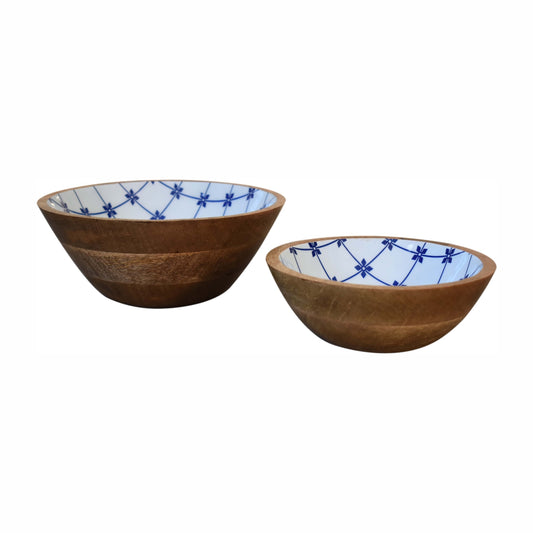 Hand Painted Blue and White Round Wooden Bowl Set of 2