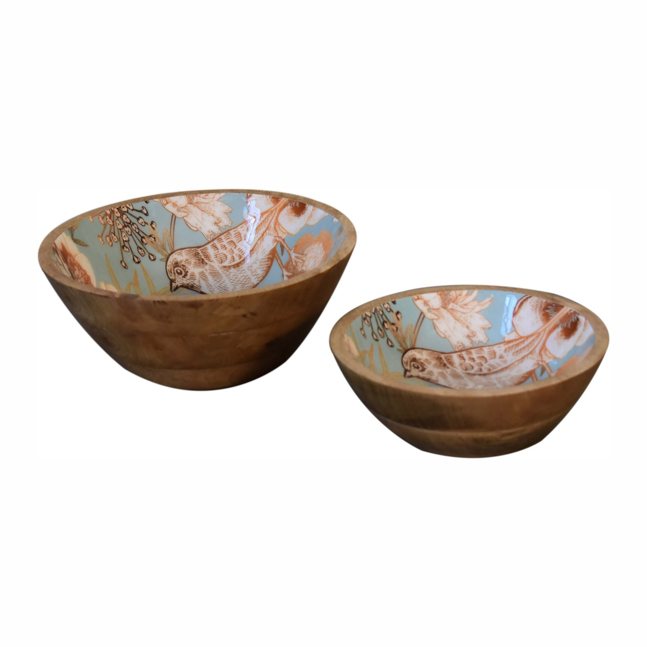 Hand Painted Floral Bird Wooden Bowl Set of 2