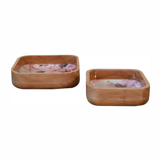 Hand Painted Pink Floral Square Wooden Bowl Set of 2