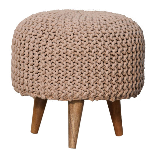 Keeva Beige Round Upholstered Footstool Solid Wood Legs