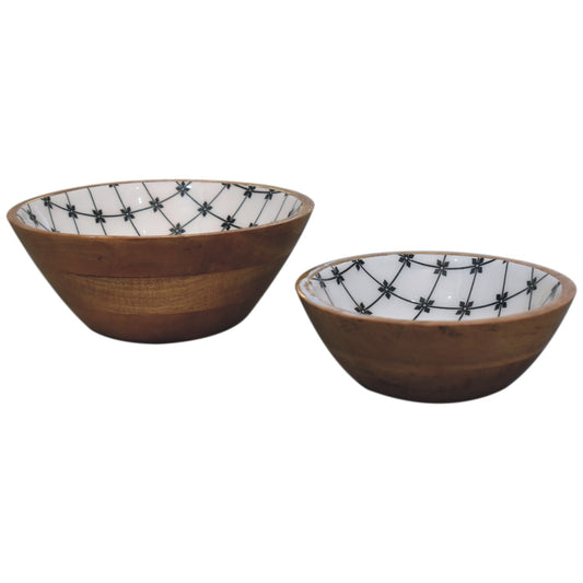 Lacquered Red Flower Wooden Bowl Set of 2
