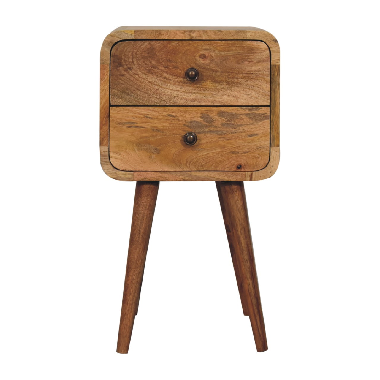 Compact Curved Solid Mango Wood Bedside Table Natural Oak