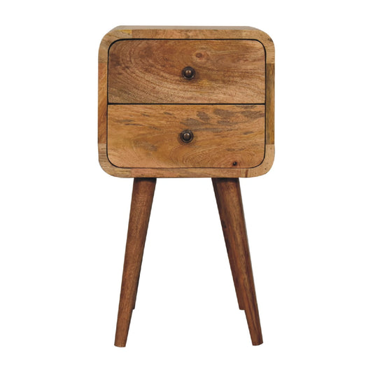 Compact Curved Solid Mango Wood Bedside Table Natural Oak