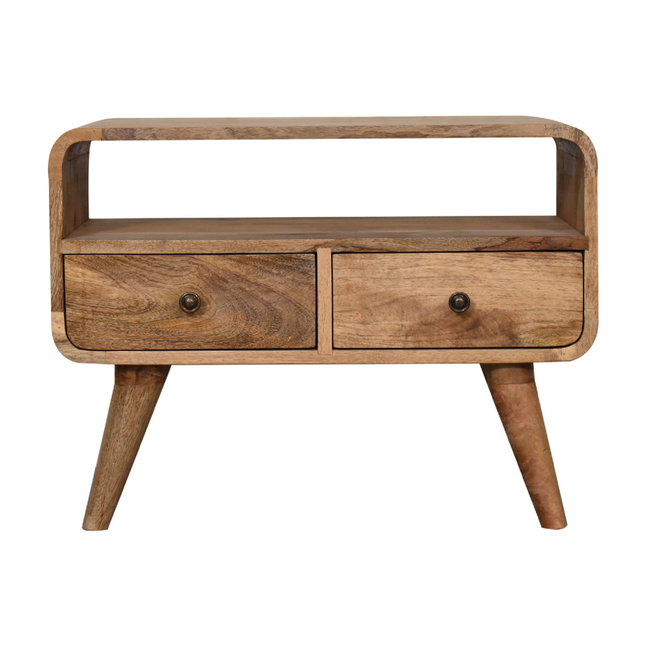 Compact Curved Solid Mango Wood TV Media Unit Oak Finish