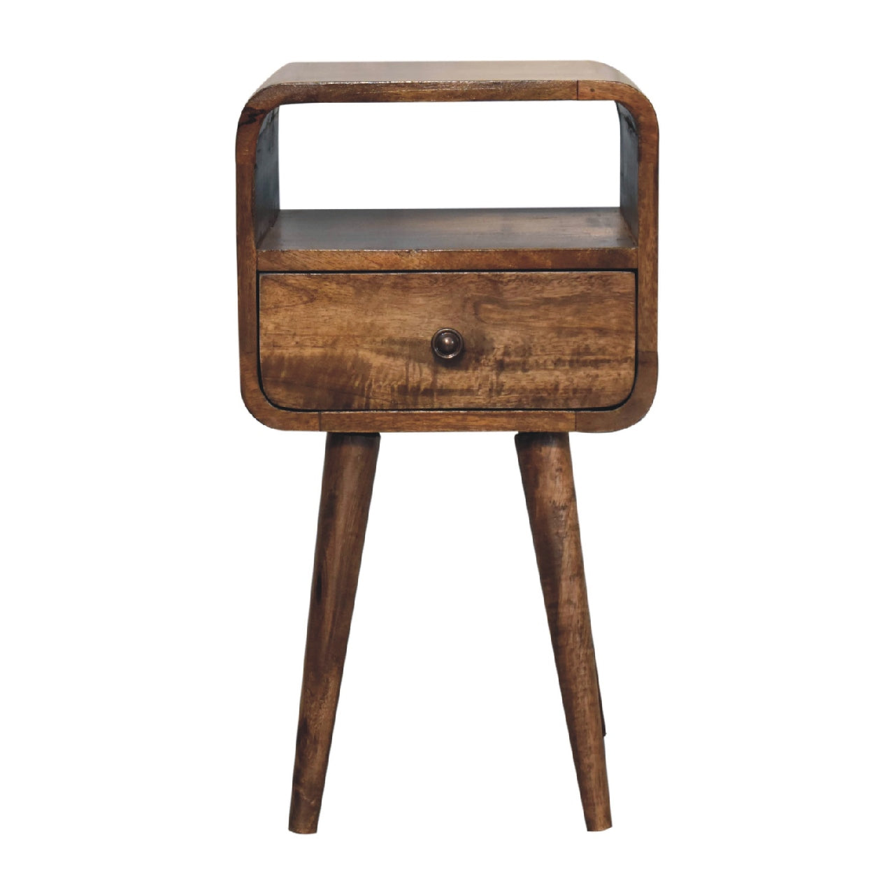Compact Curved Greywash Solid Mango Wood Open Bedside Table