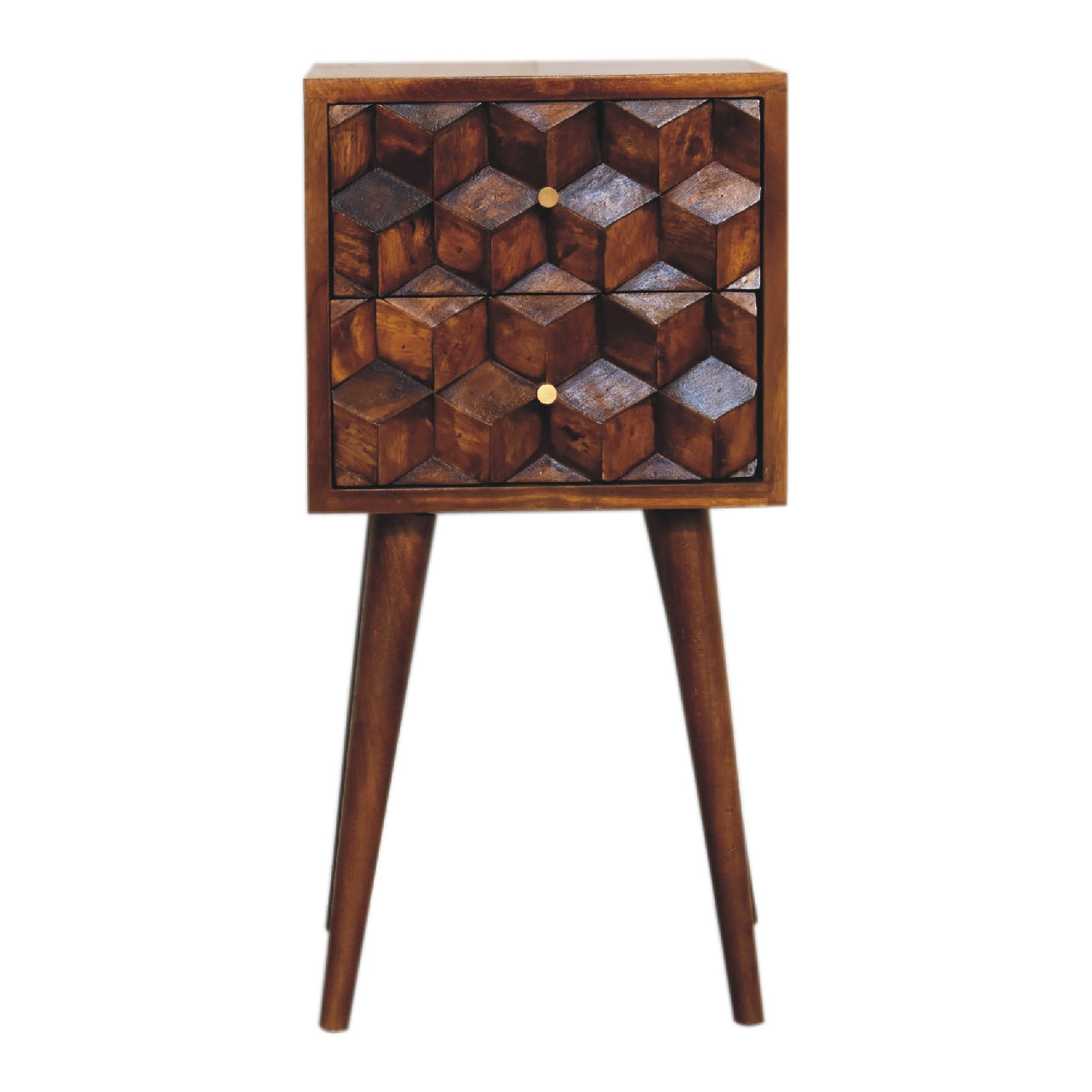 Compact 2 Drawer Cube Bedside Cabinet Chestnut Solid Mango Wood
