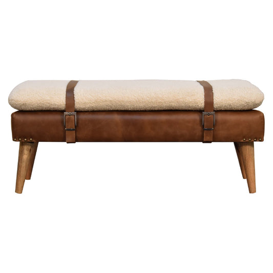 Boucle and Buffalo Hide Leather Hall Bench Solid Natural Frame
