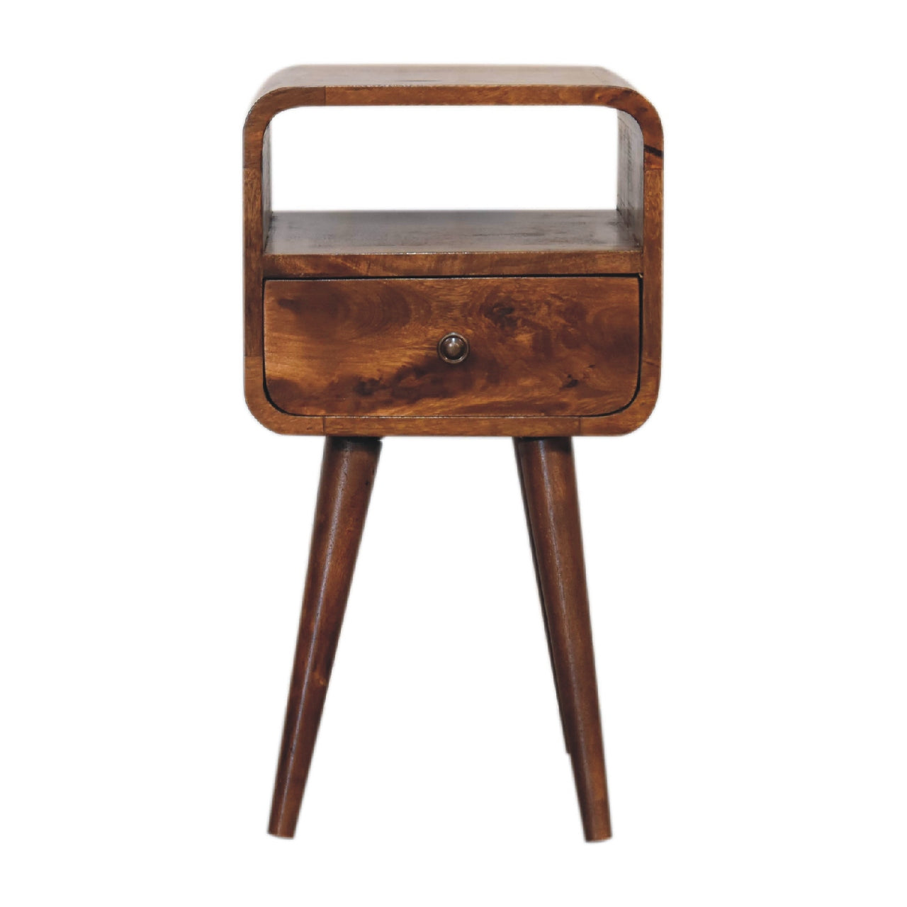 Compact Curved Open Solid Mango Wood Bedside Cabinet Chestnut