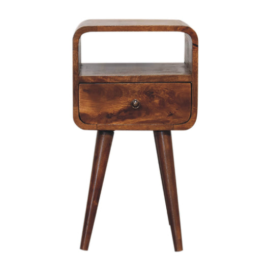 Compact Curved Open Solid Mango Wood Bedside Cabinet Chestnut