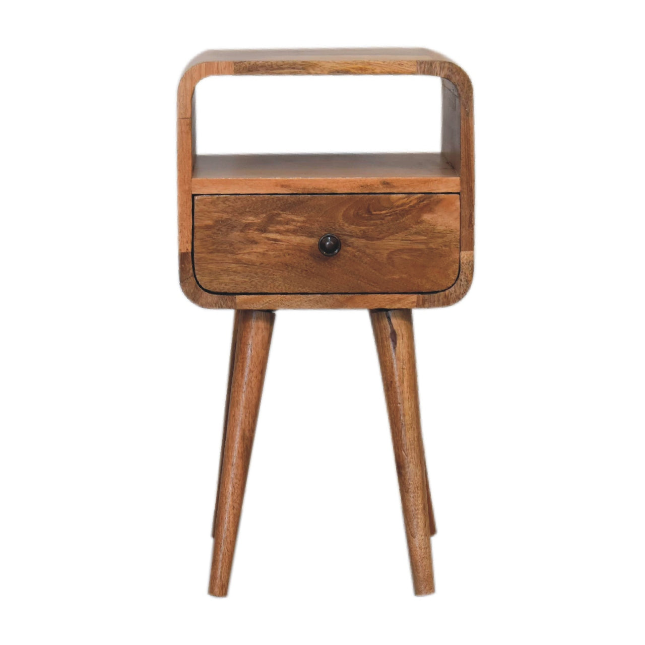 Compact Curved Open Solid Mango Wood Bedside Table Oak
