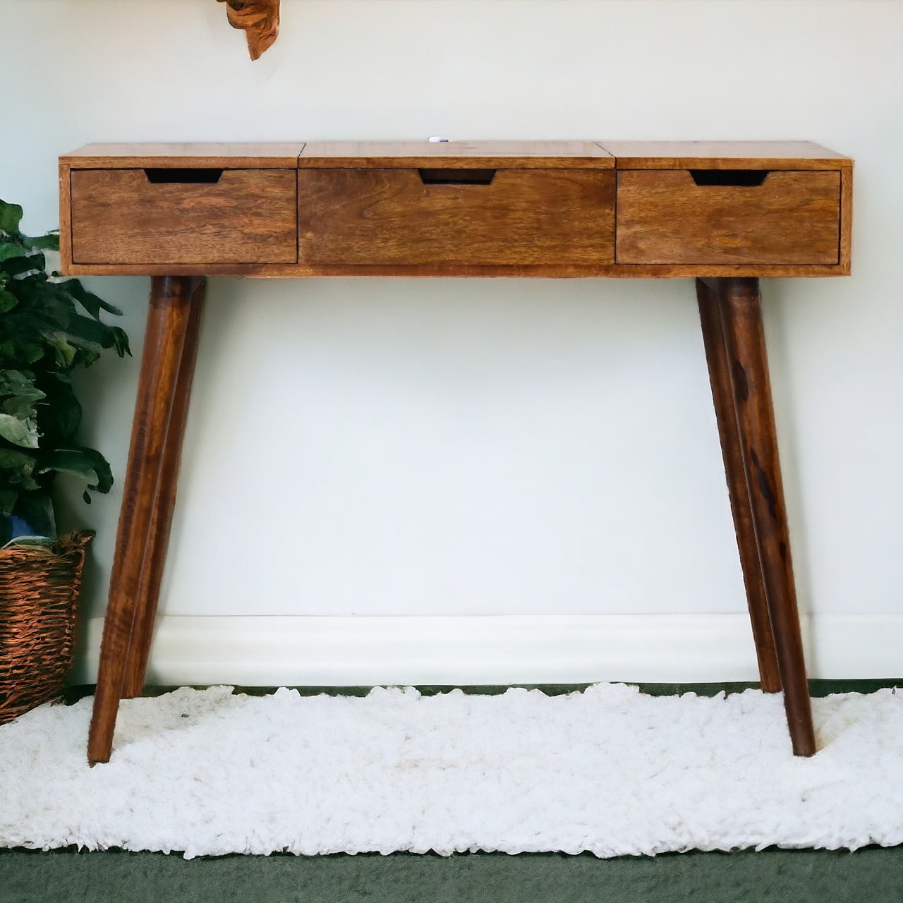 Chestnut Mango Wood Dressing Table with Integrated Fold Mirror