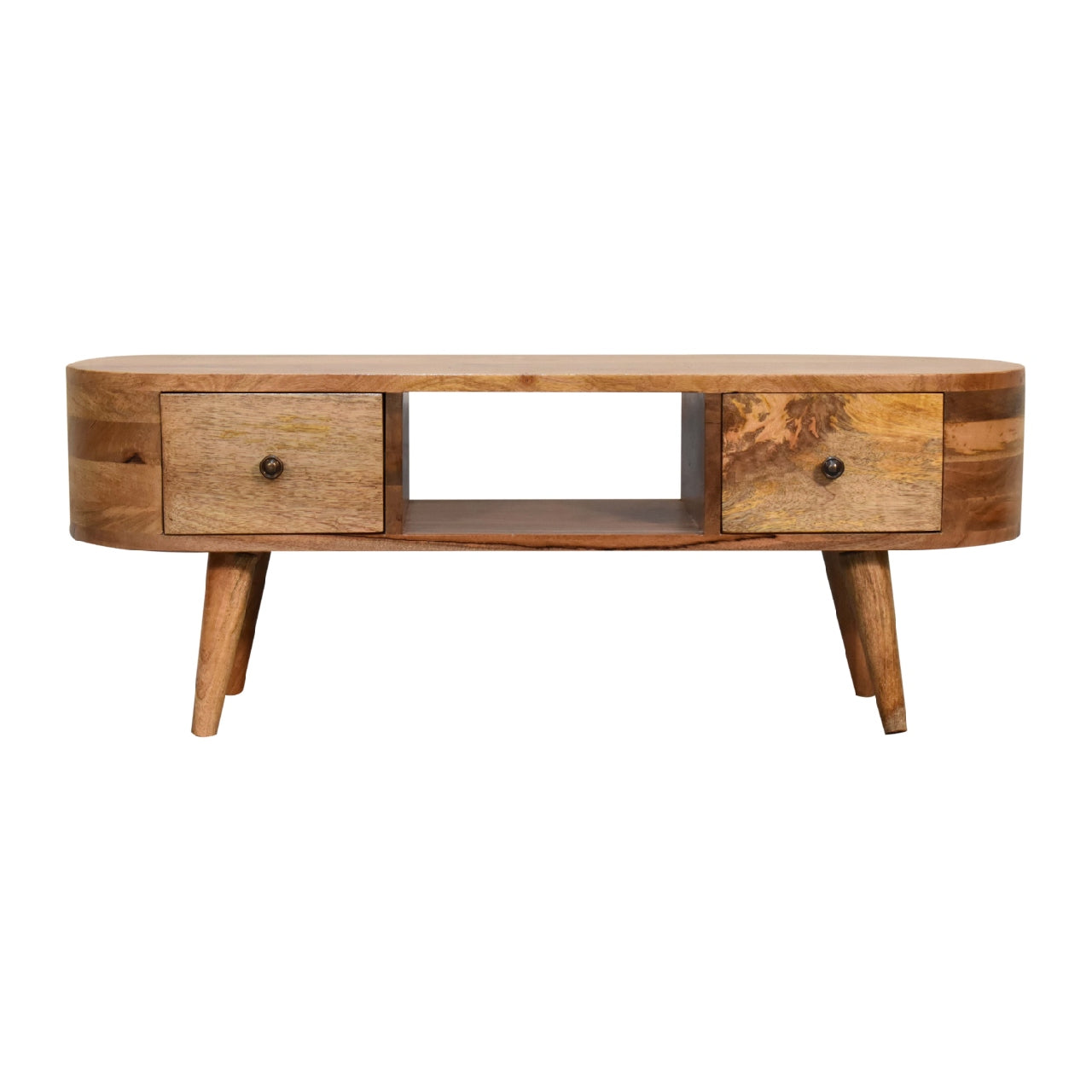 Compact Rounded TV Media Unit Open Shelf Solid Mango Wood Oak