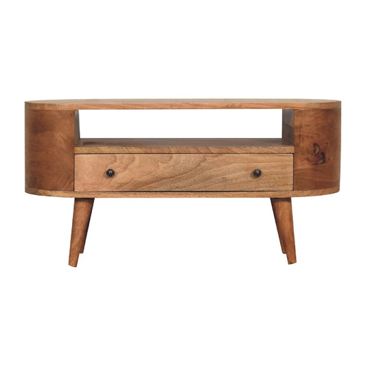 Compact Rounded TV Unit Open Shelf Natural Solid Mango Wood