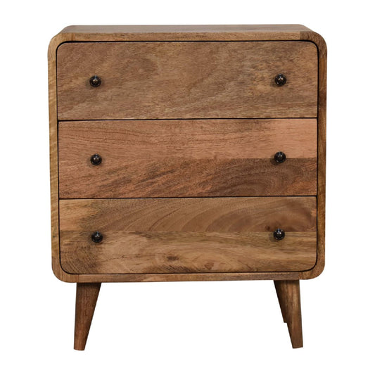 Compact Curved 3 Drawer Chest of Drawers Solid Mango Oak