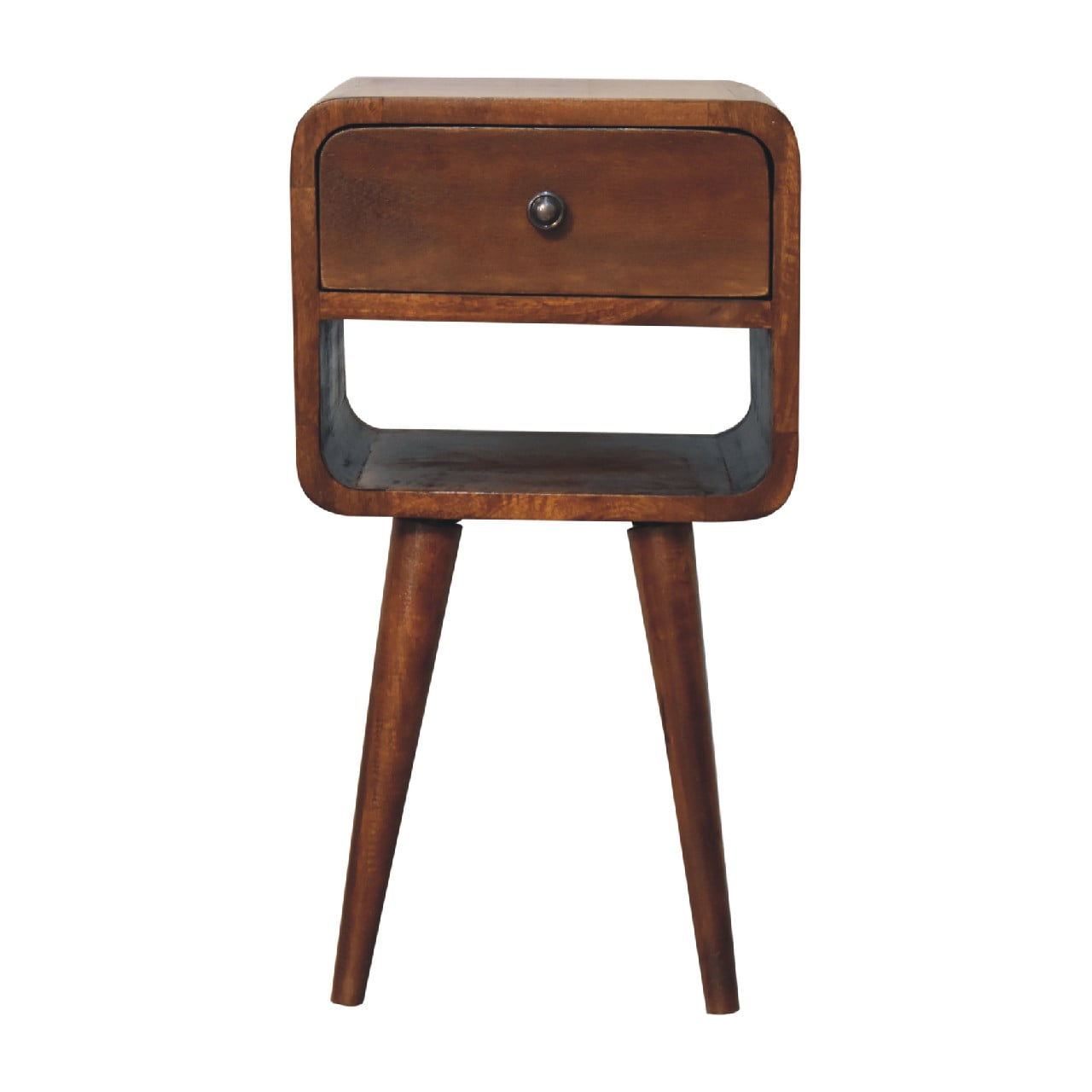 Compact Curved Low Solid Mango Wood Bedside Table Chestnut
