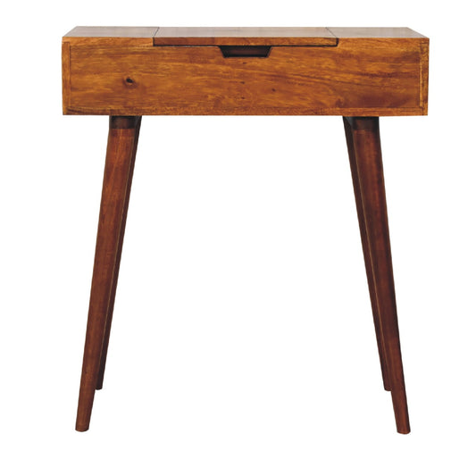 Compact Chestnut Mango Wood Fold-Out Mirror Vanity Table