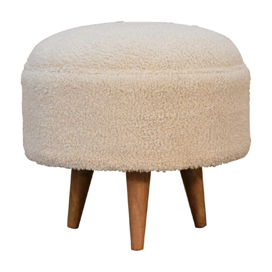 Cream Boucle Round Upholstered Footstool Solid Wood Frame