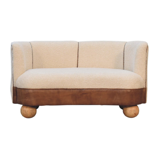 Boucle Cream 2 Seater Compact Sofa with Buffalo Leather Trim