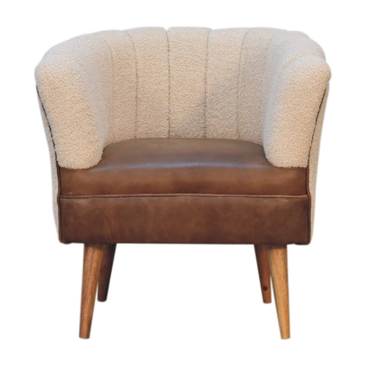 Boucle Cream Armchair with Buffalo Leather Trim Solid Frame