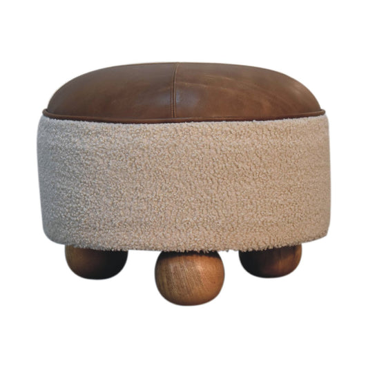 Cream Boucle Square Ottoman Buffalo Leather Trim Frame