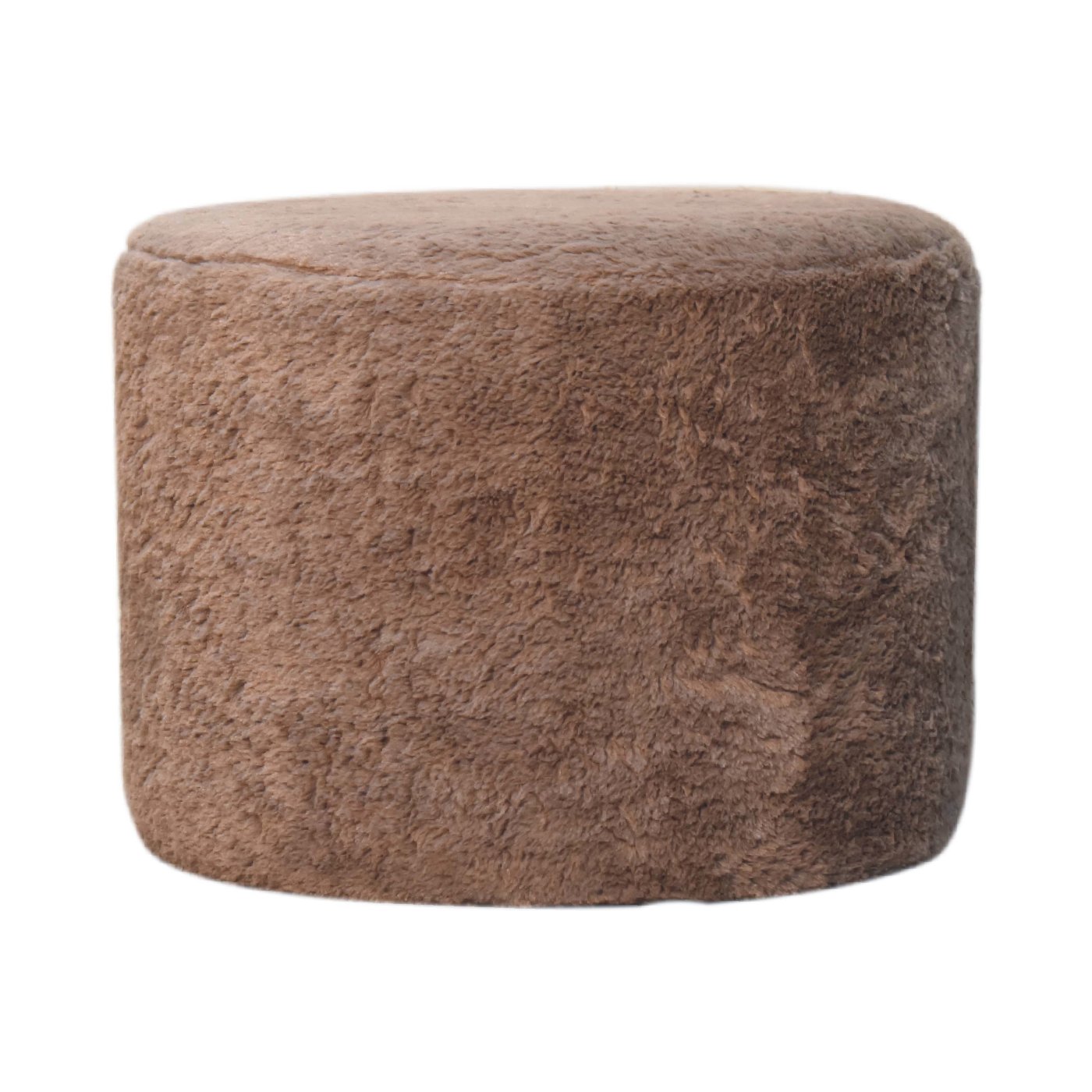 Mocha Faux Fur Round Plush Footstool Soft Seating Solid Frame
