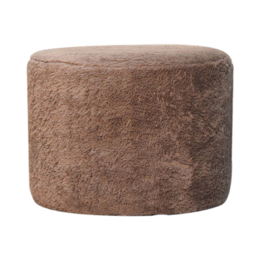 Mocha Faux Fur Round Plush Footstool Soft Seating Solid Frame