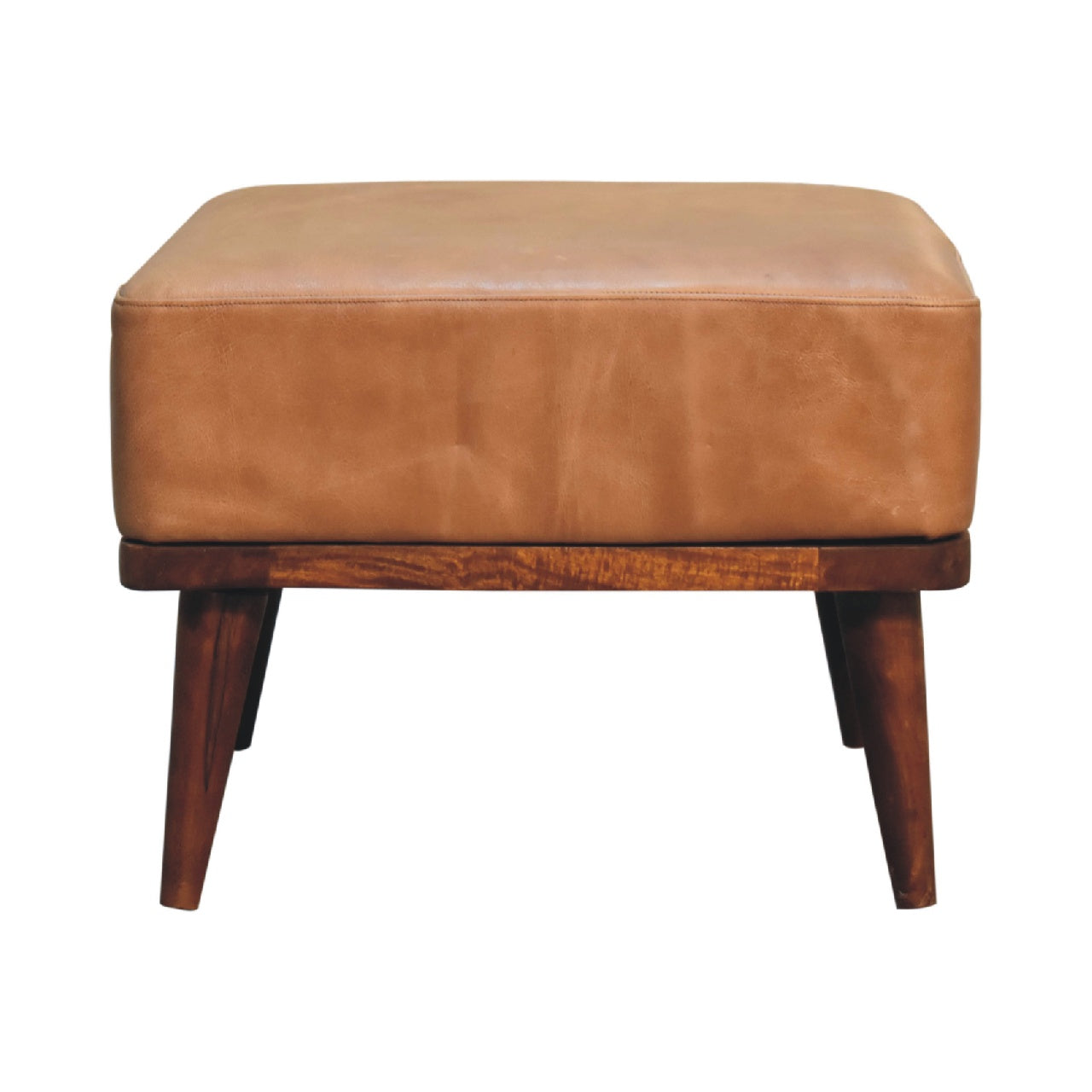 Tan Buffalo Leather Square Footstool Ottoman Solid Wood Frame